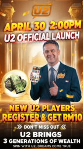 U2 Casino Malaysia new player promotion banner offering RM10 instant reward upon registration for first-time members